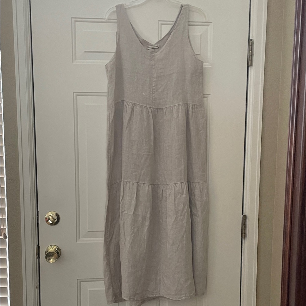Light Beige Linen V-Neck Tiered Maxi Dress